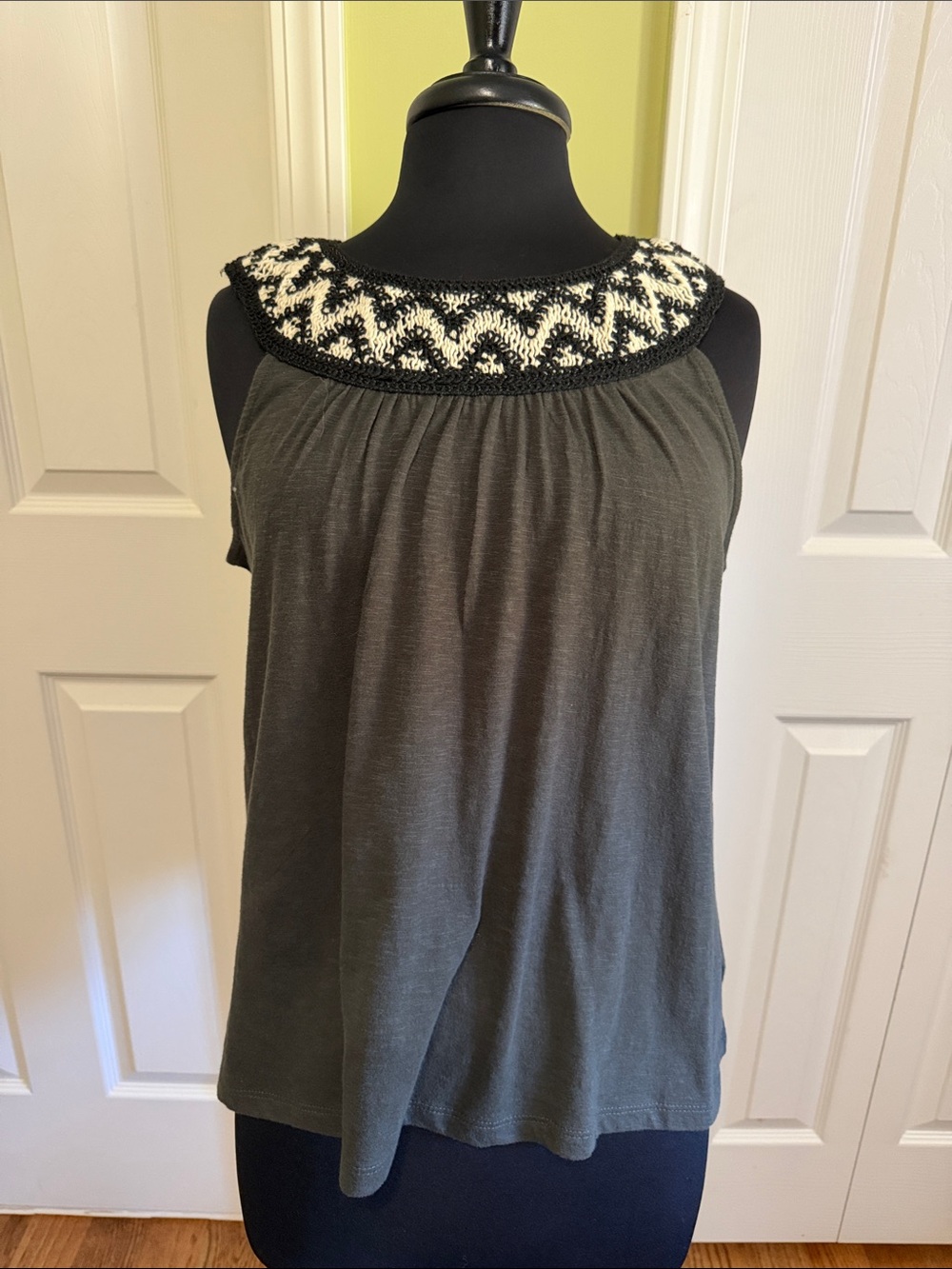 Women’s Grey Sleeveless Tank with Black & White Embroidered Neckline